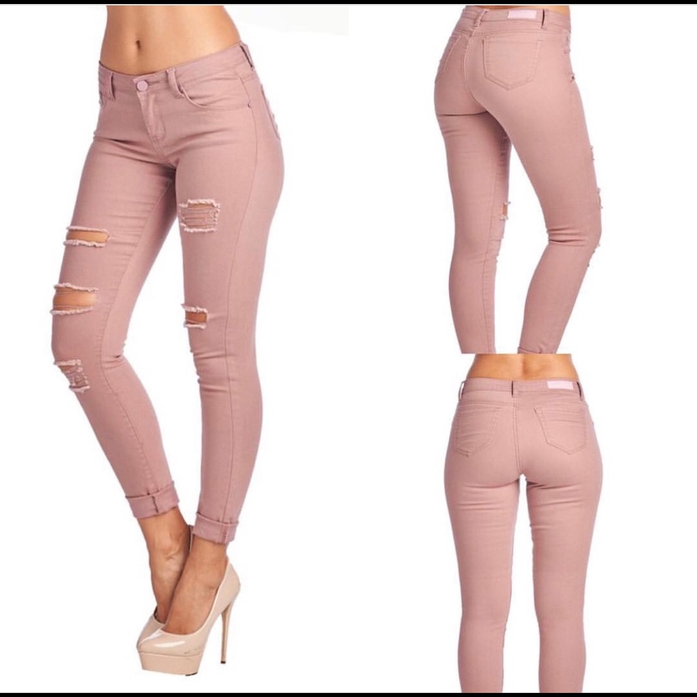 Pink Destroyed Ripped Distress Skinny Jeans